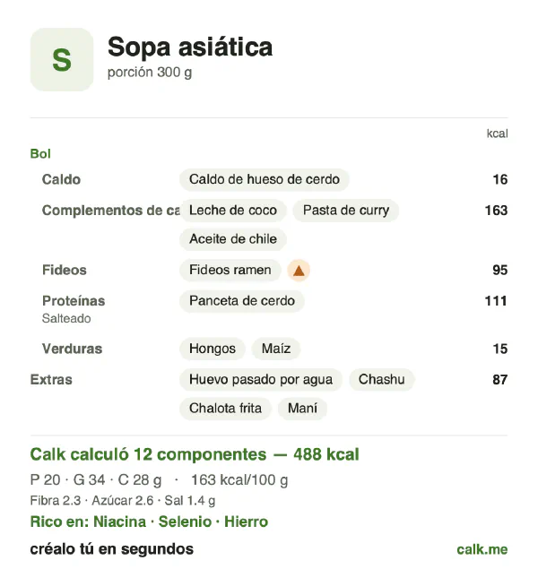 Tarjeta de Calk, versión más calórica de Sopa asiática: 163 kcal por 100 g, proteínas/grasas/carbohidratos 16/61/23