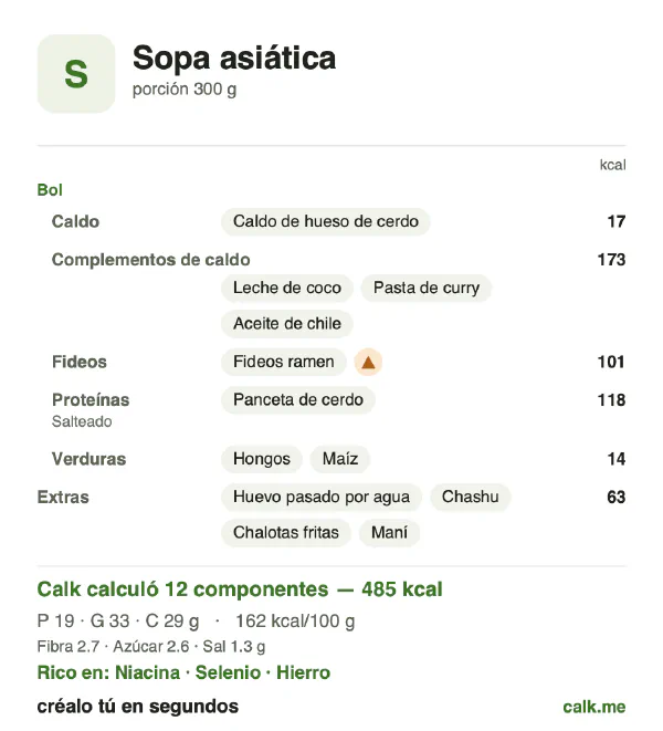 Tarjeta de Calk, versión más calórica de Sopa asiática: 162 kcal por 100 g, proteínas/grasas/carbohidratos 15/61/24