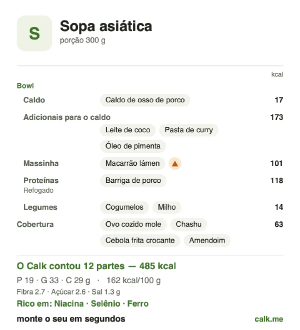 Cartão do Calk para a versão mais calórica de Sopa asiática: 162 kcal por 100 g, proteína/gordura/carboidratos 15/61/24