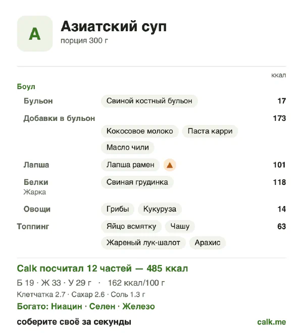 Карточка «Азиатский суп» в Calk — более калорийный вариант: 162 ккал на 100 г, белки/жиры/углеводы 15/61/24