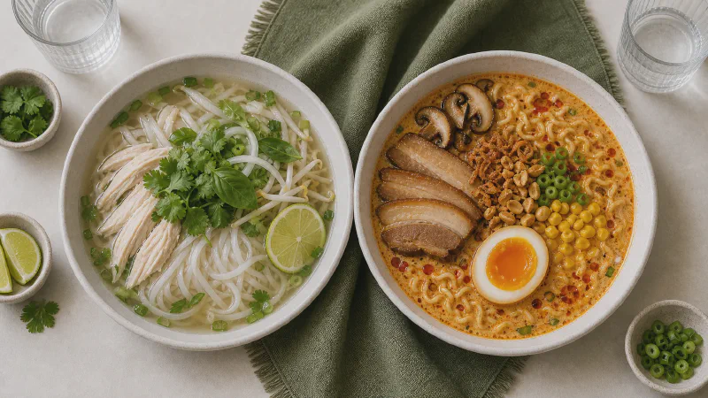Asian noodle soup: lower- and higher-calorie Calk versions side by side