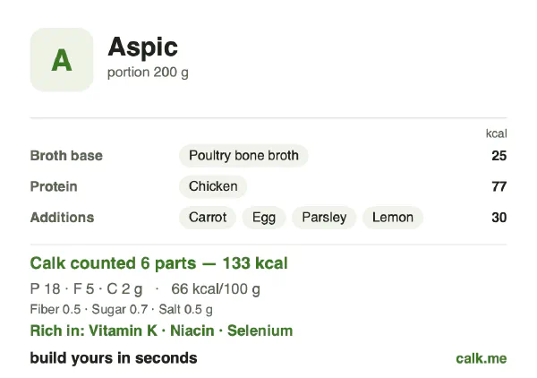 Lower calorie Calk card for Aspic: 66 kcal per 100 g, protein/fat/carbs 57/38/5