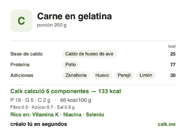 Tarjeta de Calk, versión menos calórica de Carne en gelatina: 66 kcal por 100 g, proteínas/grasas/carbohidratos 57/38/5