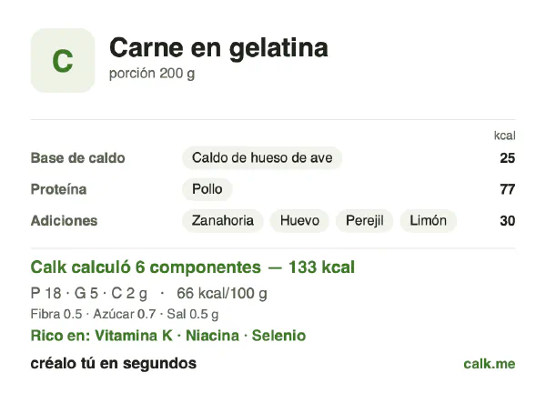 Tarjeta de Calk, versión menos calórica de Carne en gelatina: 66 kcal por 100 g, proteínas/grasas/carbohidratos 57/38/5