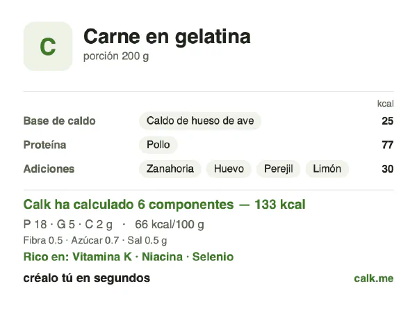 Ficha de Calk, versión menos calórica de Carne en gelatina: 66 kcal por 100 g, proteínas/grasas/hidratos 57/38/5