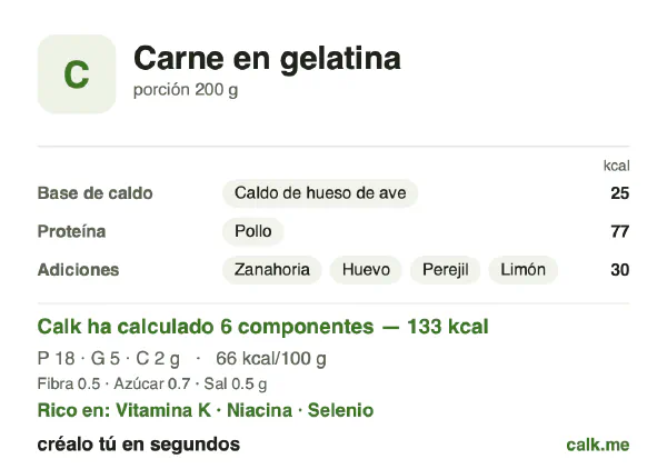 Ficha de Calk, versión menos calórica de Carne en gelatina: 66 kcal por 100 g, proteínas/grasas/hidratos 57/38/5