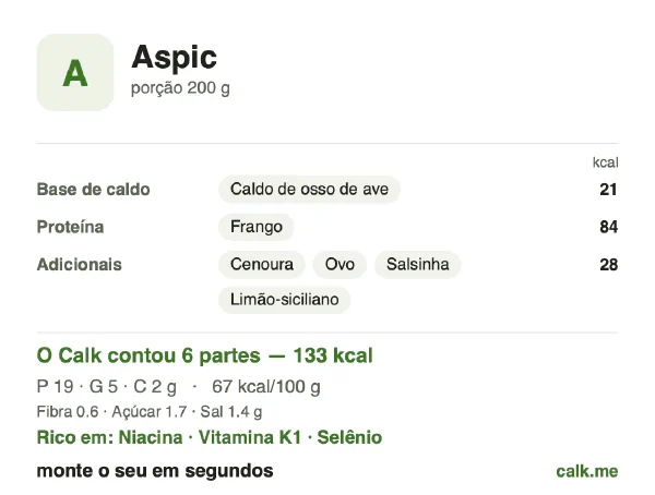 Cartão do Calk para a versão menos calórica de Gelatina de carne: 67 kcal por 100 g, proteína/gordura/carboidratos 58/35/7