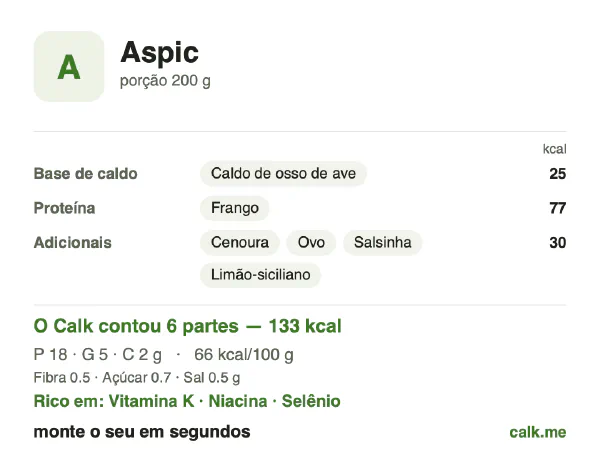 Cartão do Calk para a versão menos calórica de Gelatina de carne: 66 kcal por 100 g, proteína/gordura/carboidratos 57/38/5