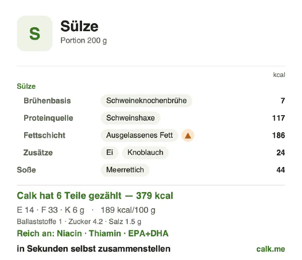 Calk-Karte für die kalorienreichere Variante von Sülze: 189 kcal pro 100 g, Eiweiß/Fett/Kohlenhydrate 15/79/6