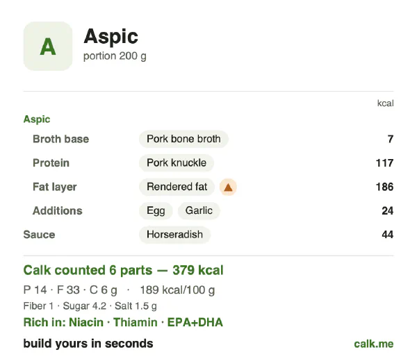 Higher calorie Calk card for Aspic: 189 kcal per 100 g, protein/fat/carbs 15/79/6