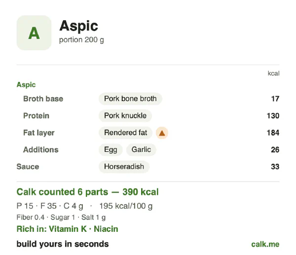Higher calorie Calk card for Aspic: 195 kcal per 100 g, protein/fat/carbs 16/80/4