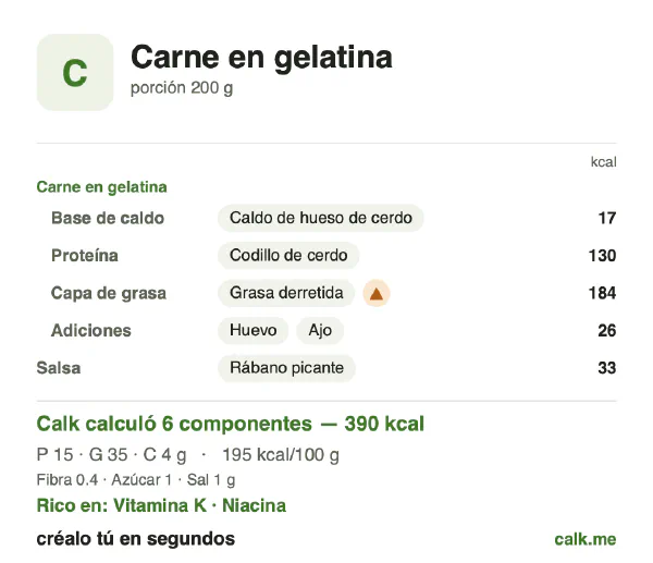 Tarjeta de Calk, versión más calórica de Carne en gelatina: 195 kcal por 100 g, proteínas/grasas/carbohidratos 16/80/4
