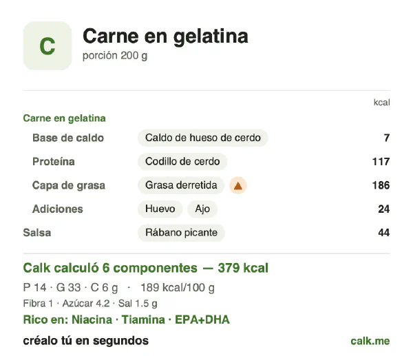 Tarjeta de Calk, versión más calórica de Carne en gelatina: 189 kcal por 100 g, proteínas/grasas/carbohidratos 15/79/6