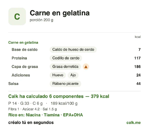 Ficha de Calk, versión más calórica de Carne en gelatina: 189 kcal por 100 g, proteínas/grasas/hidratos 15/79/6