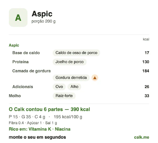 Cartão do Calk para a versão mais calórica de Gelatina de carne: 195 kcal por 100 g, proteína/gordura/carboidratos 16/80/4
