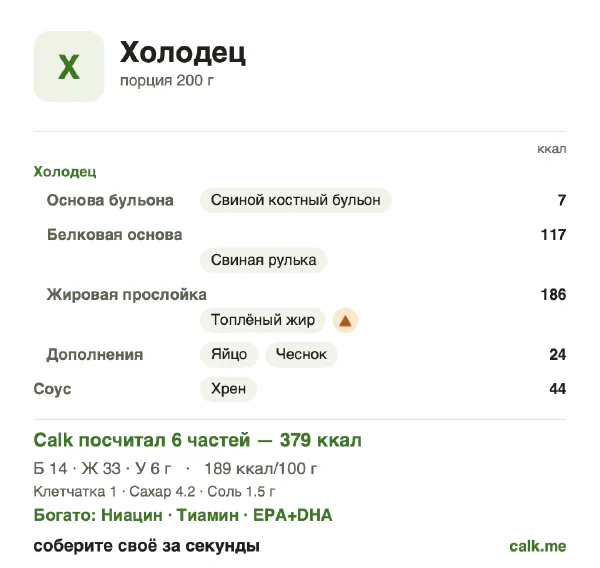 Карточка «Холодец» в Calk — более калорийный вариант: 189 ккал на 100 г, белки/жиры/углеводы 15/79/6