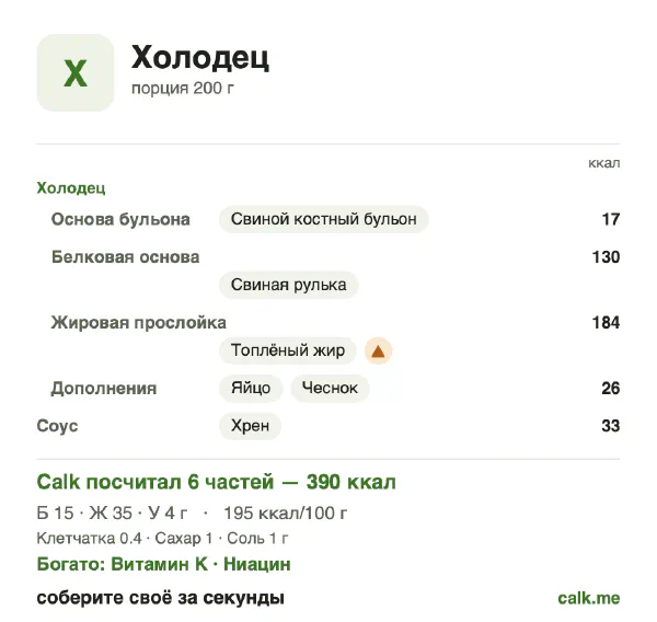 Карточка «Холодец» в Calk — более калорийный вариант: 195 ккал на 100 г, белки/жиры/углеводы 16/80/4