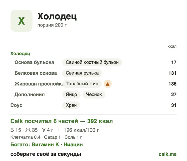 Карточка Calk, более калорийный вариант Холодец: 196 ккал на 100 г, белки/жиры/углеводы 16/80/4