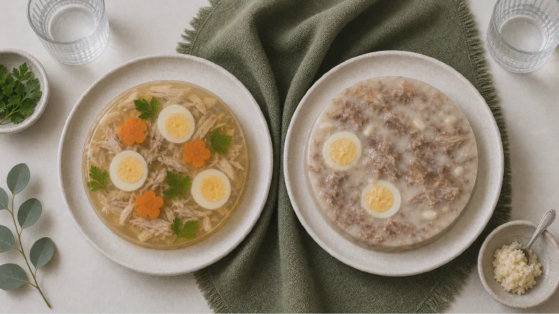 Aspic (kholodets): lower- and higher-calorie Calk versions side by side