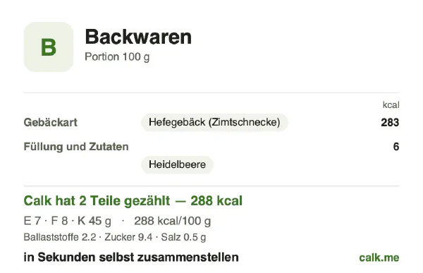 Calk-Karte für die kalorienärmere Variante von Backwaren: 288 kcal pro 100 g, Eiweiß/Fett/Kohlenhydrate 10/26/64