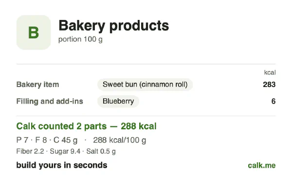 Lower calorie Calk card for Bakery products: 288 kcal per 100 g, protein/fat/carbs 10/26/64