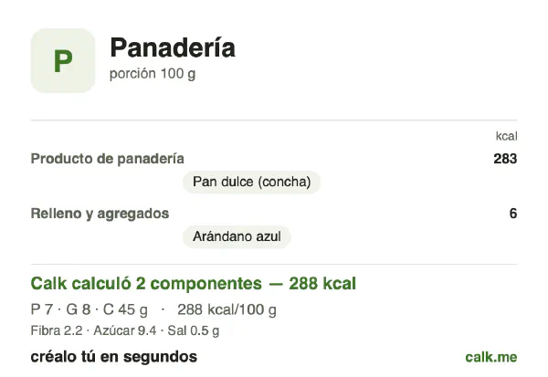 Tarjeta de Calk, versión menos calórica de Productos de panadería: 288 kcal por 100 g, proteínas/grasas/carbohidratos 10/26/64