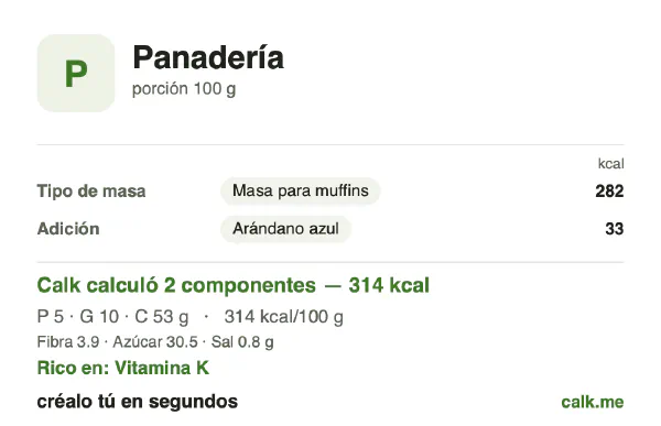 Tarjeta de Calk, versión menos calórica de Productos de panadería: 314 kcal por 100 g, proteínas/grasas/carbohidratos 6/29/66