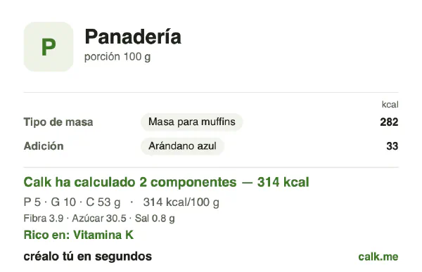 Ficha de Calk, versión menos calórica de Bollería y panadería: 314 kcal por 100 g, proteínas/grasas/hidratos 6/29/66