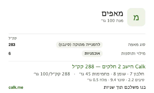מאפים ב־Calk, עם פחות קלוריות: 288 קק״ל ל־100 גרם, חלבון/שומן/פחמימות 10/26/64