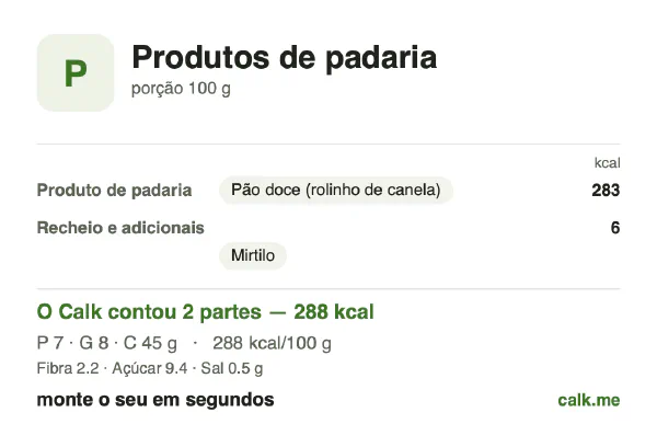 Cartão do Calk para a versão menos calórica de Produtos de padaria: 288 kcal por 100 g, proteína/gordura/carboidratos 10/26/64
