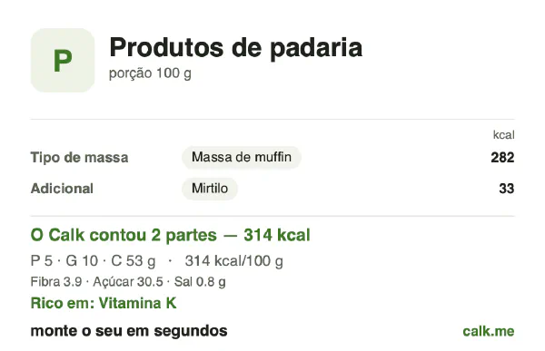 Cartão do Calk para a versão menos calórica de Produtos de padaria: 314 kcal por 100 g, proteína/gordura/carboidratos 6/29/66