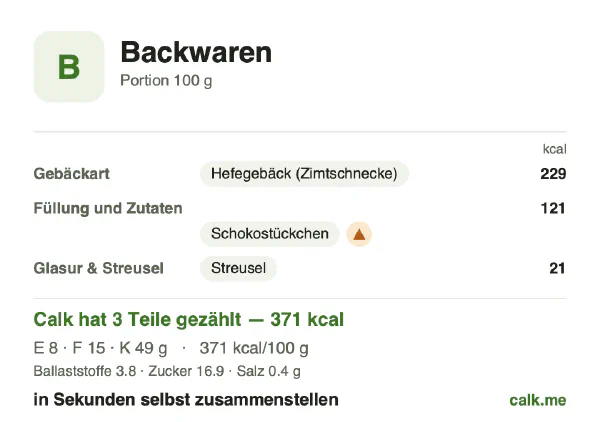 Calk-Karte für die kalorienreichere Variante von Backwaren: 371 kcal pro 100 g, Eiweiß/Fett/Kohlenhydrate 8/37/54
