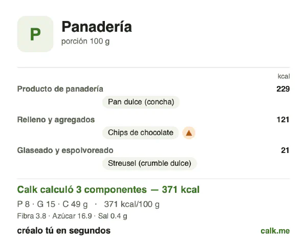 Tarjeta de Calk, versión más calórica de Productos de panadería: 371 kcal por 100 g, proteínas/grasas/carbohidratos 8/37/54