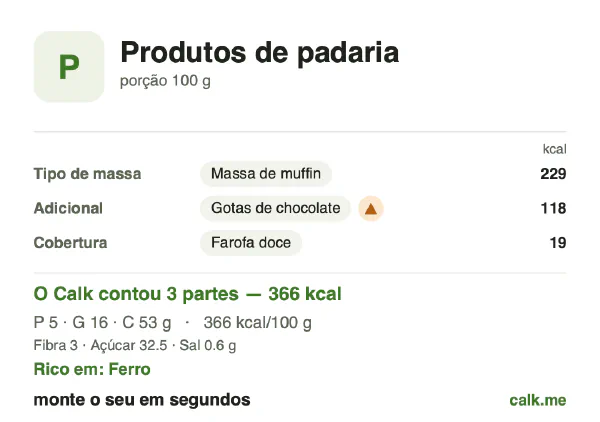 Cartão do Calk para a versão mais calórica de Produtos de padaria: 366 kcal por 100 g, proteína/gordura/carboidratos 5/38/56