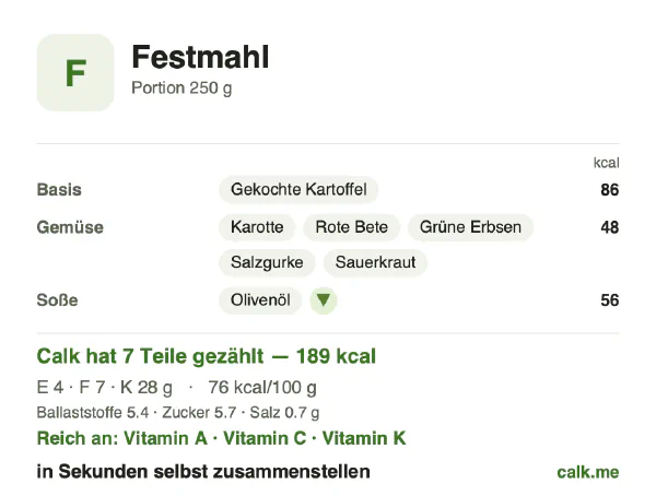 Calk-Karte für die kalorienärmere Variante von Festtagsbuffet: 76 kcal pro 100 g, Eiweiß/Fett/Kohlenhydrate 9/31/59