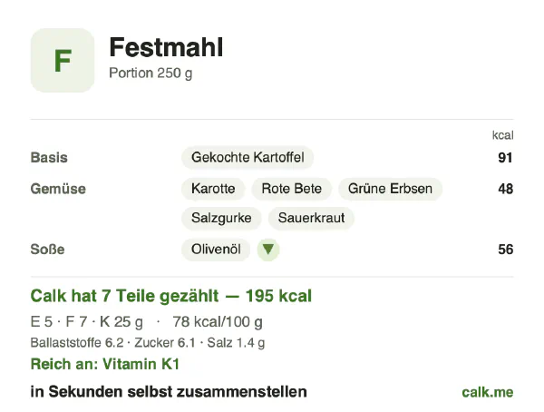 Calk-Karte für die kalorienärmere Variante von Festtagsbuffet: 78 kcal pro 100 g, Eiweiß/Fett/Kohlenhydrate 10/34/56