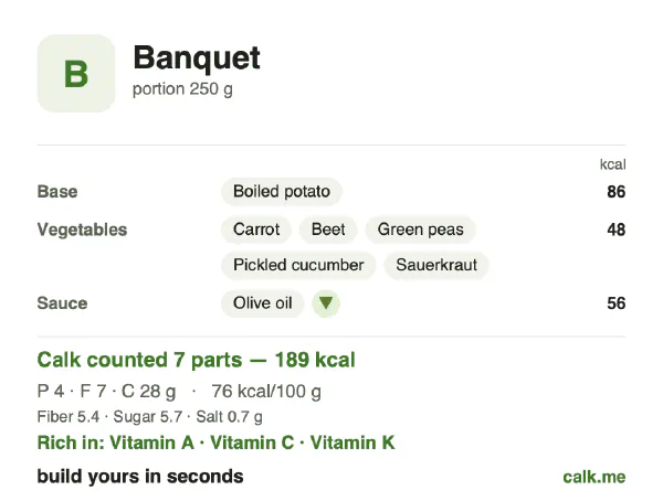 Lower calorie Calk card for Banquet: 76 kcal per 100 g, protein/fat/carbs 9/31/59