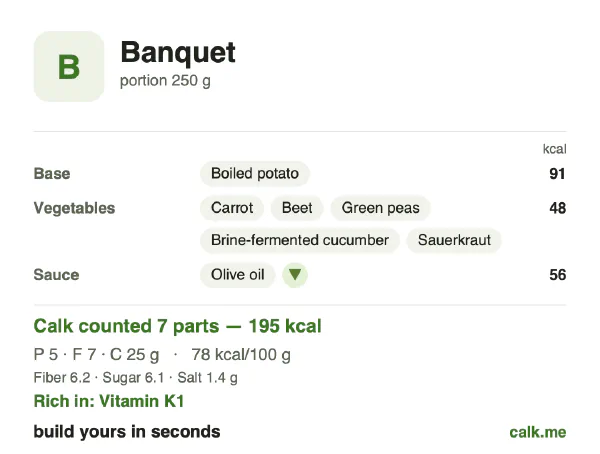 Lower calorie Calk card for Banquet: 78 kcal per 100 g, protein/fat/carbs 10/34/56