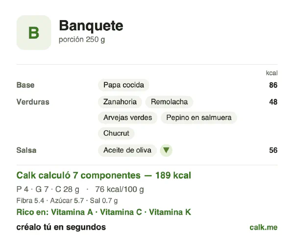 Tarjeta de Calk, versión menos calórica de Banquete: 76 kcal por 100 g, proteínas/grasas/carbohidratos 9/31/59