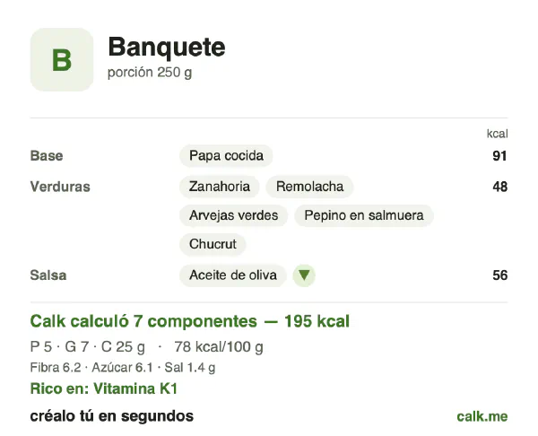Tarjeta de Calk, versión menos calórica de Banquete: 78 kcal por 100 g, proteínas/grasas/carbohidratos 10/34/56