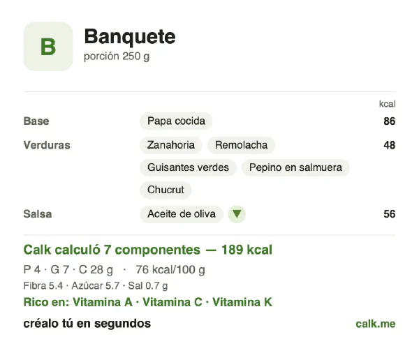 Tarjeta de Calk, versión menos calórica de Banquete: 76 kcal por 100 g, proteínas/grasas/carbohidratos 9/31/59