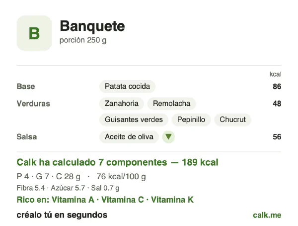 Ficha de Calk, versión menos calórica de Banquete: 76 kcal por 100 g, proteínas/grasas/hidratos 9/31/59
