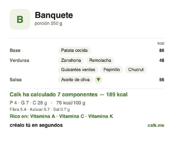 Ficha de Calk, versión menos calórica de Banquete: 76 kcal por 100 g, proteínas/grasas/hidratos 9/31/59