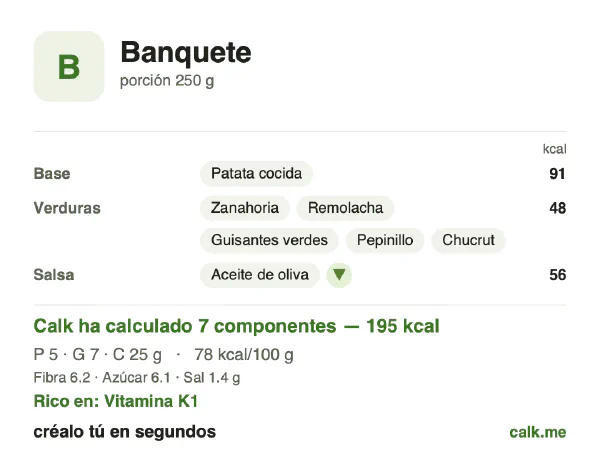 Ficha de Calk, versión menos calórica de Banquete: 78 kcal por 100 g, proteínas/grasas/hidratos 10/34/56