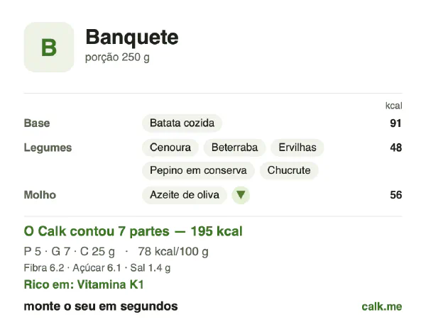 Cartão do Calk para a versão menos calórica de Banquete: 78 kcal por 100 g, proteína/gordura/carboidratos 10/34/56
