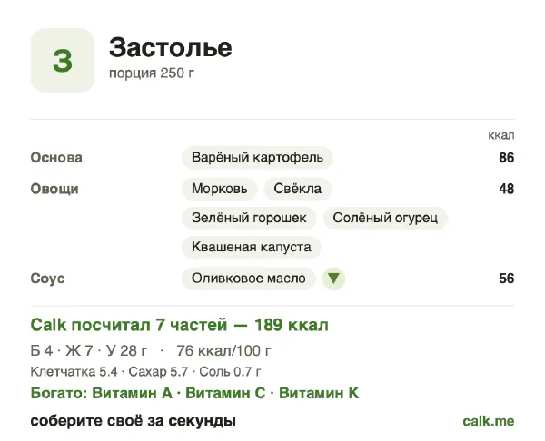 Карточка Calk, менее калорийный вариант Застолье: 76 ккал на 100 г, белки/жиры/углеводы 9/31/59