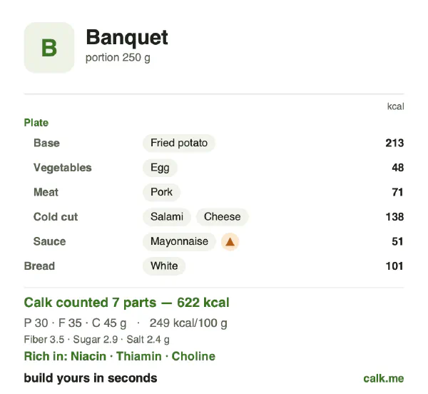 Higher calorie Calk card for Banquet: 249 kcal per 100 g, protein/fat/carbs 20/51/30