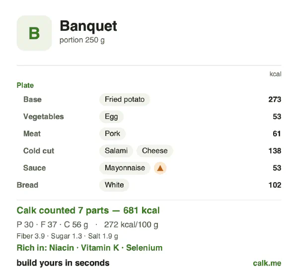Higher calorie Calk card for Banquet: 272 kcal per 100 g, protein/fat/carbs 17/50/33