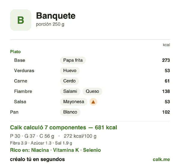 Tarjeta de Calk, versión más calórica de Banquete: 272 kcal por 100 g, proteínas/grasas/carbohidratos 17/50/33