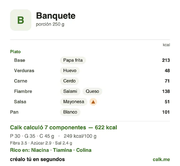 Tarjeta de Calk, versión más calórica de Banquete: 249 kcal por 100 g, proteínas/grasas/carbohidratos 20/51/30
